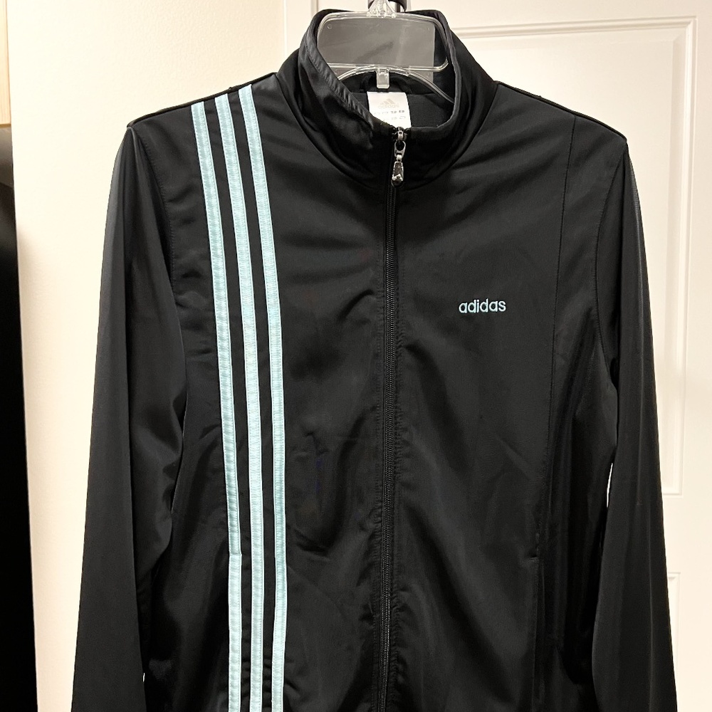 Adidas, Black with Light Blue Stripes, Long Sleeve ZipUp Track Jacket, Large